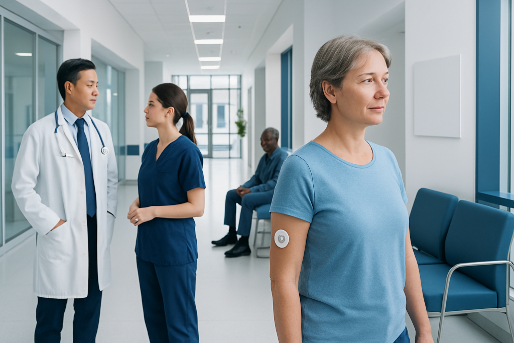 Blood Sugar Monitor Without Finger Pricks — Explained by Medical Evidence, Not Myths 1 Patient with blood glucose monitor in hospital corridor.