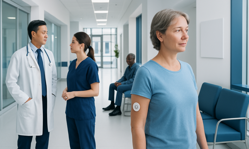 Blood Sugar Monitor Without Finger Pricks — Explained by Medical Evidence, Not Myths 5 Patient with blood glucose monitor in hospital corridor.
