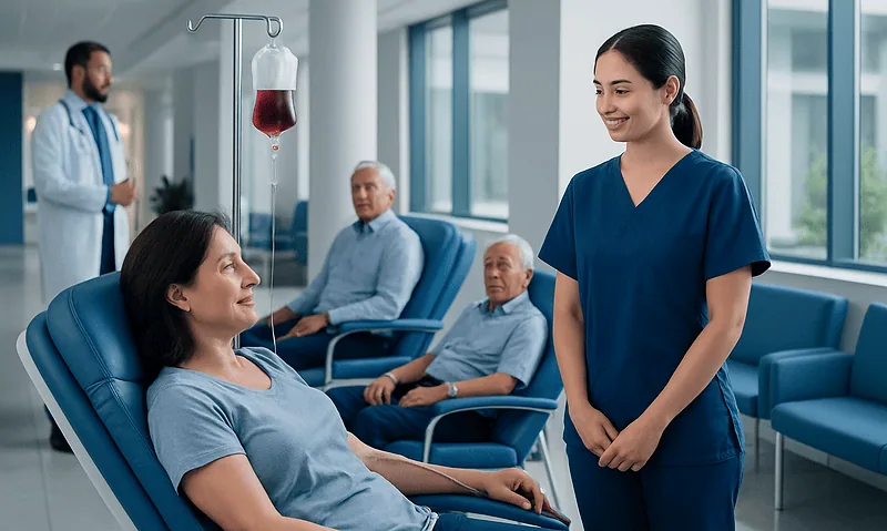 Blood Transfusion in Turkey: What International Patients Should Know 3 Nurse talking to patient in blood transfusion room at Acibadem Hospital.