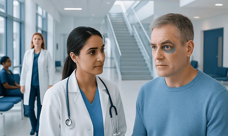 Doctor consulting with a patient in a hospital corridor.