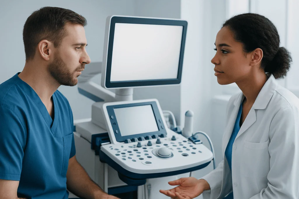 Doctor and patient discussing medical ultrasound results in clinic.