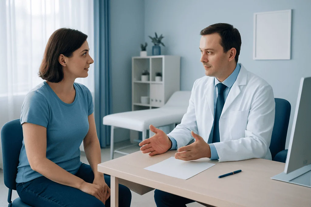 Doctor consulting with a female patient in a modern clinic room.
