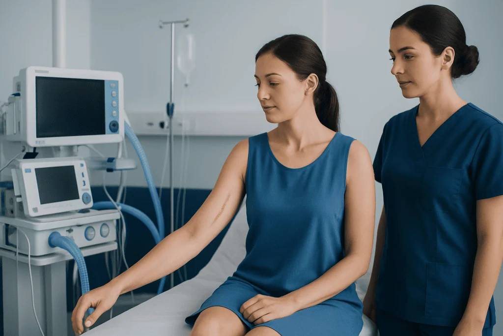 Patient undergoing medical examination in hospital room with healthcare professional.