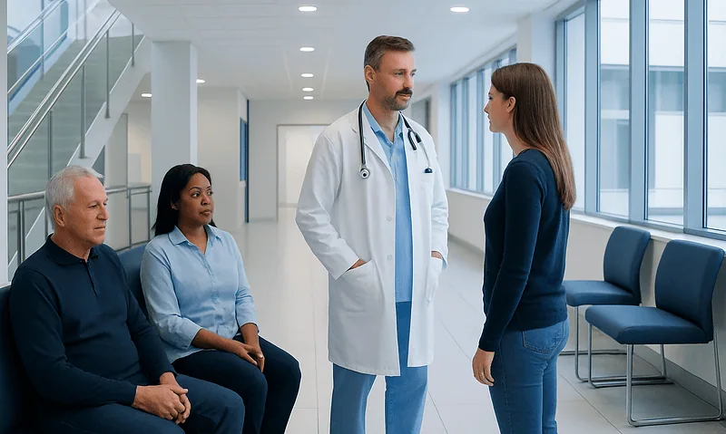 Doctor consulting a young woman in a hospital corridor with patients waiting.