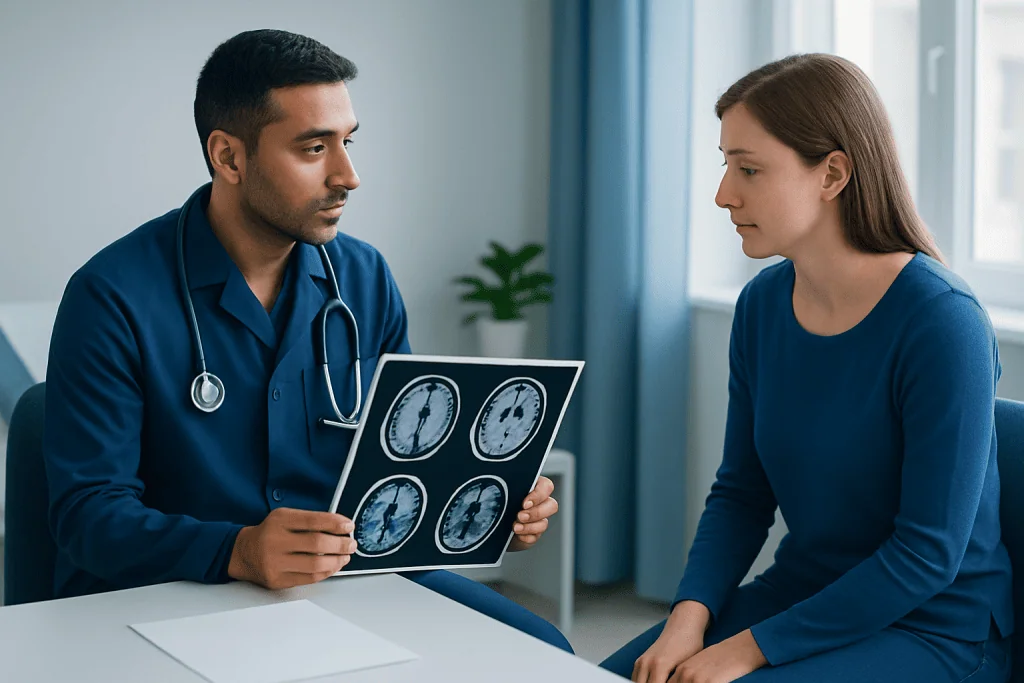 Doctor explaining brain MRI scans to a patient in a medical consultation room.