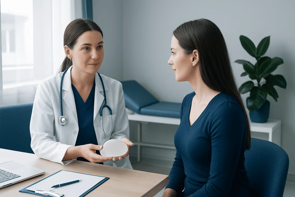 Doctor explaining breast augmentation options to patient in clinic.