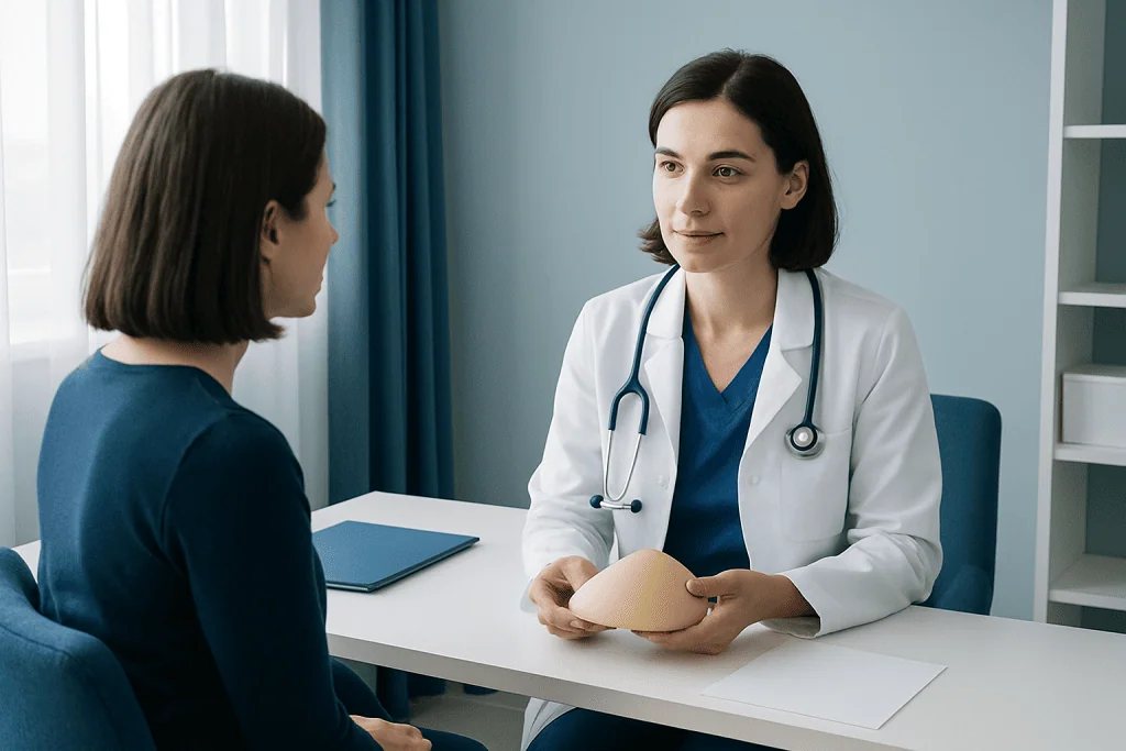 Doctor consulting with patient about breast lift procedure in Turkey.