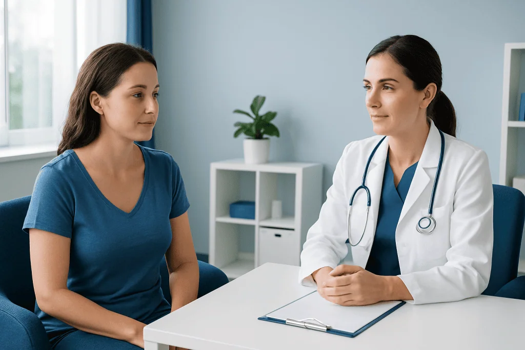 Doctor consulting with a patient in a modern clinic setting.