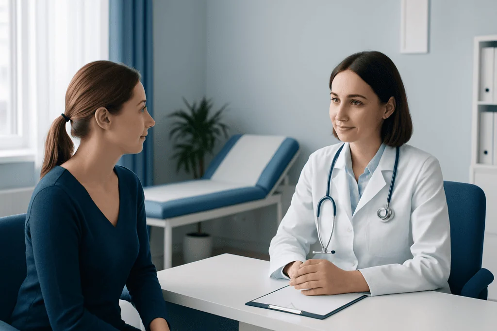 Doctor consulting with a patient in a modern hospital room.