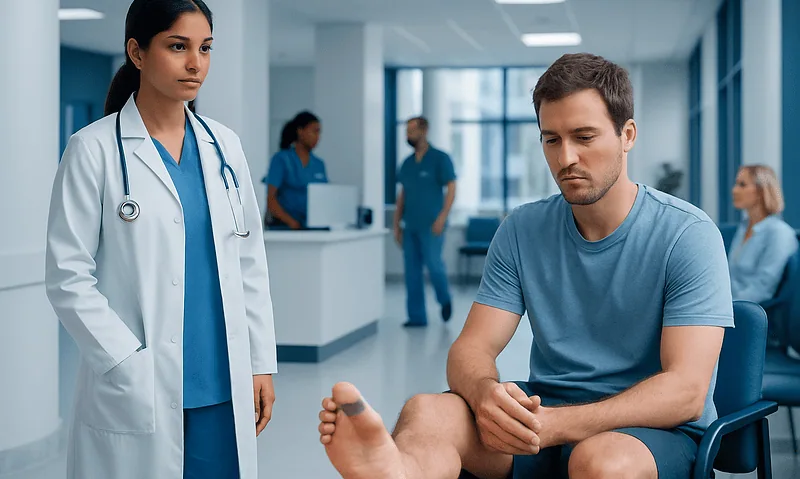 Patient consulting with doctor in hospital corridor.
