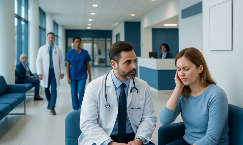 Doctor consulting a woman with ear pain in a hospital waiting area.
