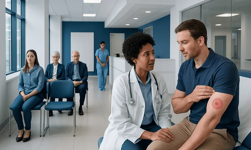 Doctor examines patient's arm in a medical clinic setting.