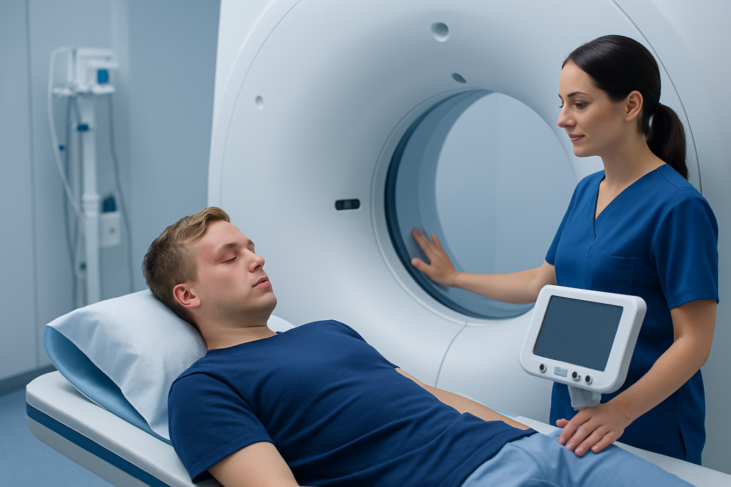 Patient undergoing MRI scan at Acibadem Hospital for head injury assessment.