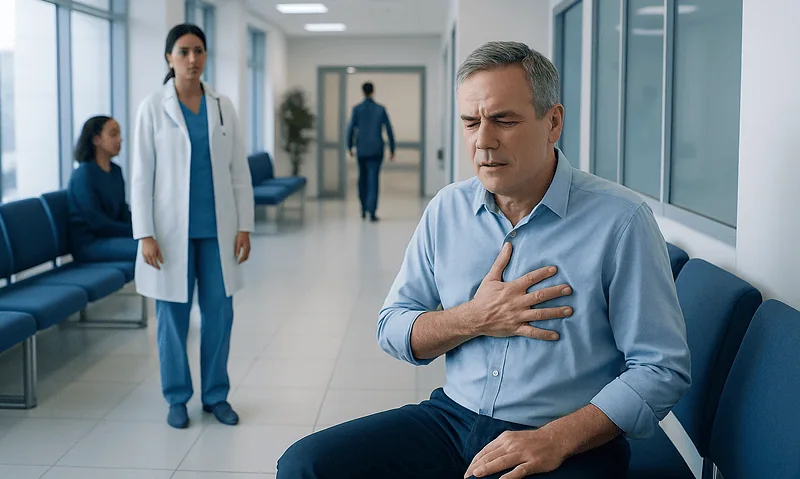 Man experiencing chest pain in hospital corridor with medical staff nearby.