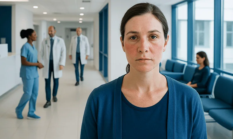 Butterfly Skin Rash on Face: Common Causes, Related Conditions, and When to See a Doctor 17 Concerned woman in hospital corridor with medical staff in background.