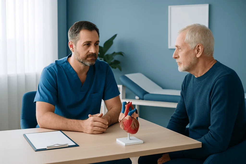 Cardiologist consulting with senior patient about heart health in clinic.