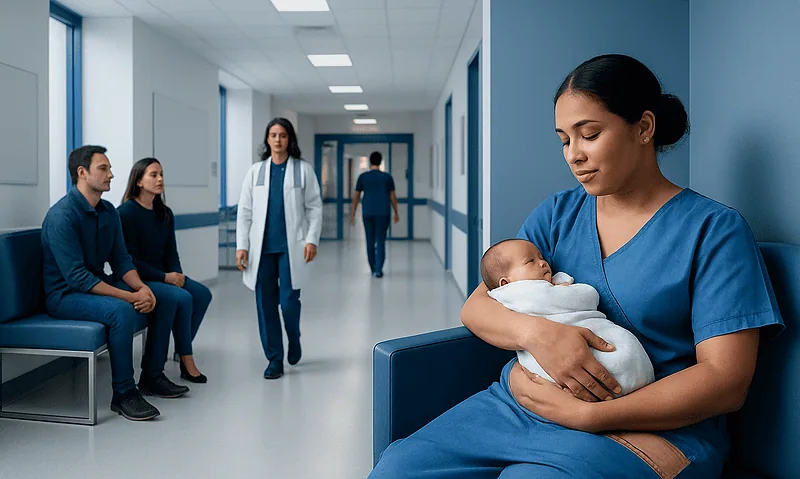 Nurse holding a newborn in a hospital corridor with waiting patients nearby.