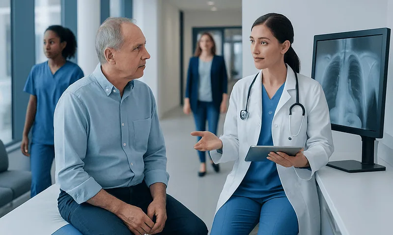 Doctor discussing with patient in hospital corridor with X-ray image.