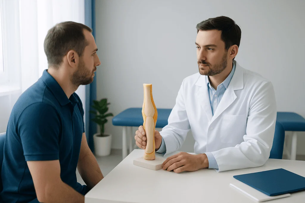 Orthopedic consultation with a doctor explaining a leg model to a patient.
