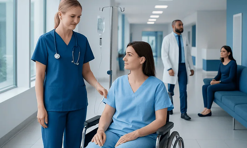 Nurse preparing IV drip for patient in hospital corridor.