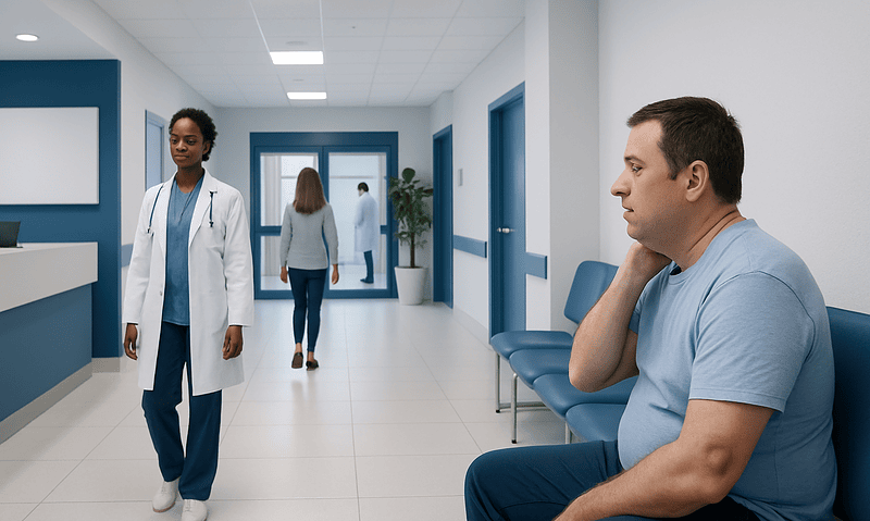 Patient experiencing neck pain in hospital corridor with medical staff nearby.