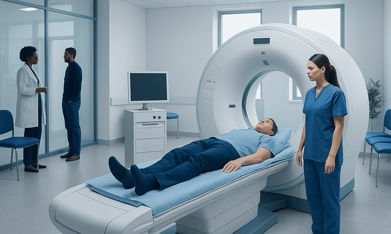 Patient undergoing a cardiac CT scan in a modern hospital setting.
