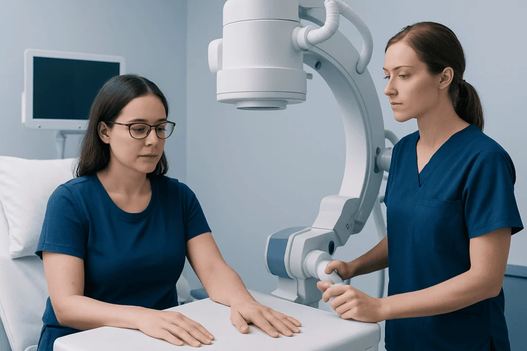 Medical professionals using imaging equipment in a hospital setting.