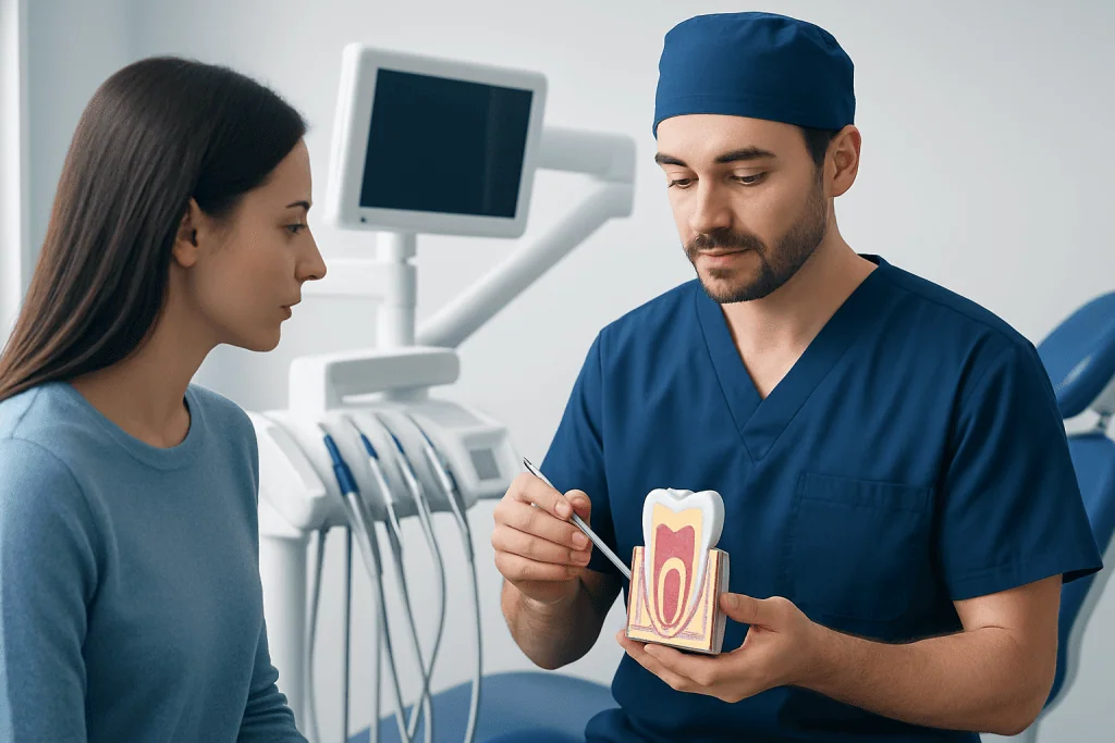 Dentist explaining tooth structure to patient in dental clinic.
