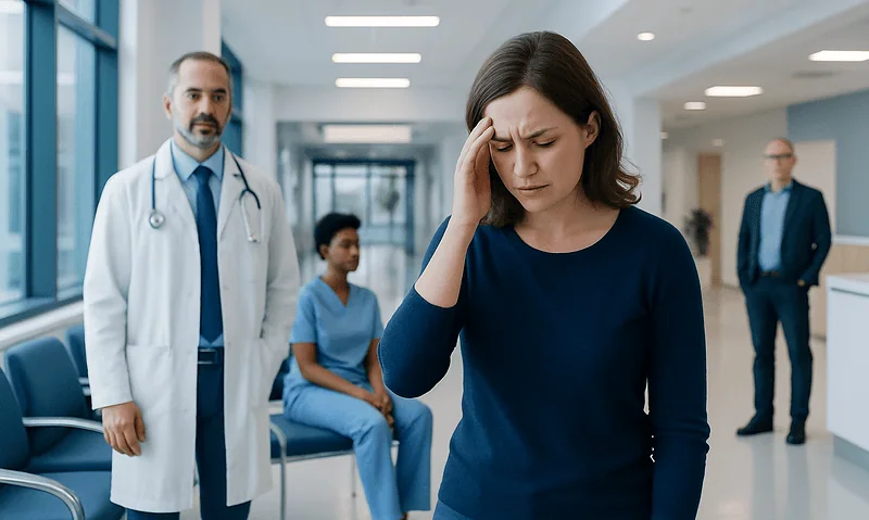 Center head headache: A Complete Medical Guide for Patients 16 Woman with headache in hospital corridor with medical staff and patient.