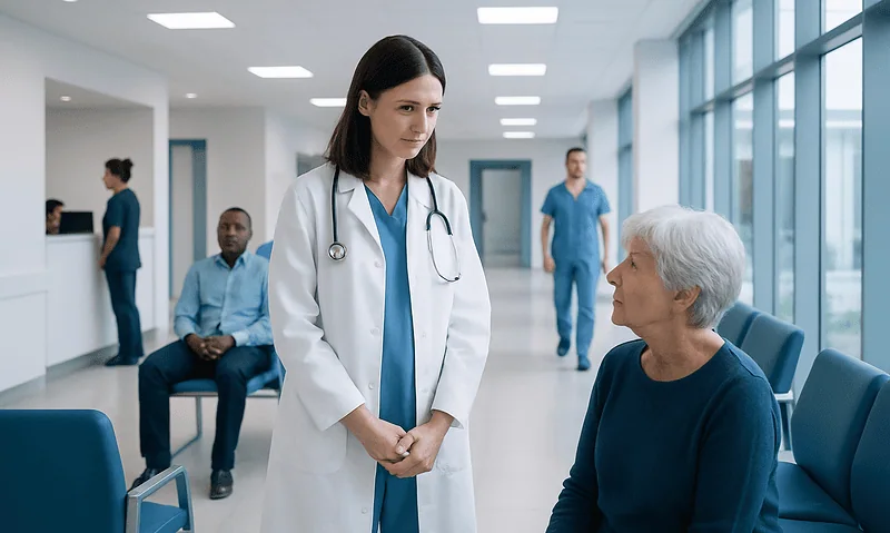 Doctor talking to elderly patient in hospital corridor with other staff in background.
