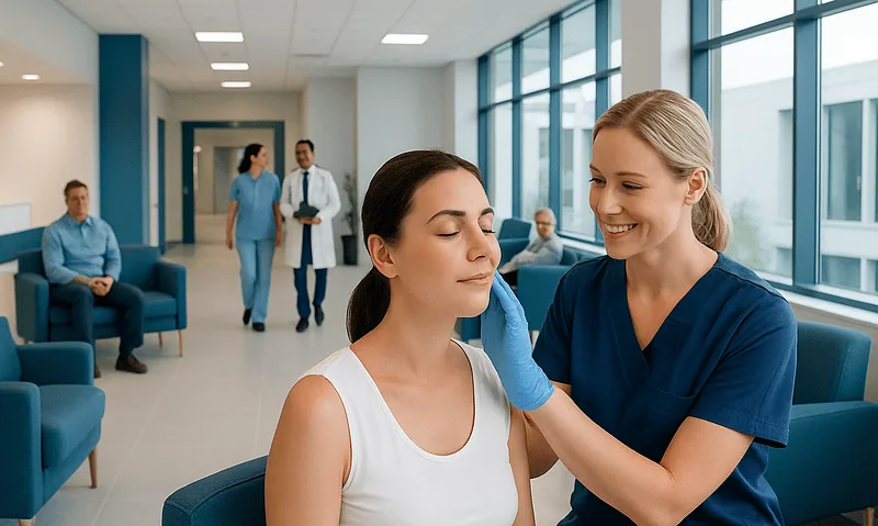 Medical professional performs a facial examination in a hospital waiting area.