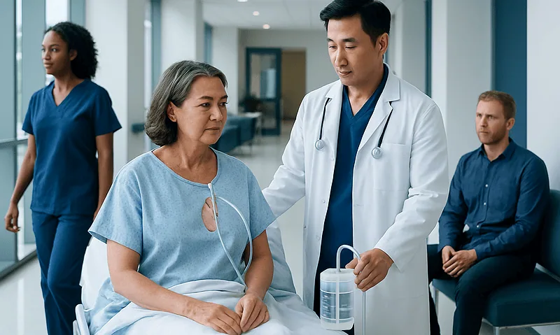 Doctor explaining chest tube procedure to patient in hospital room.