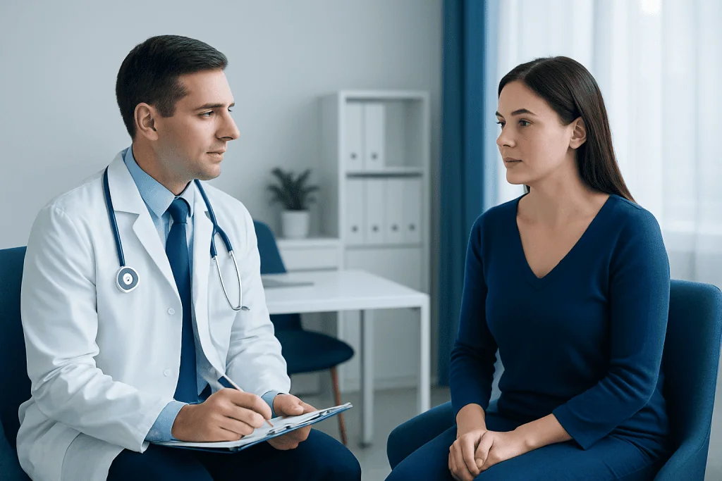 Doctor consulting with a female patient in a medical office.