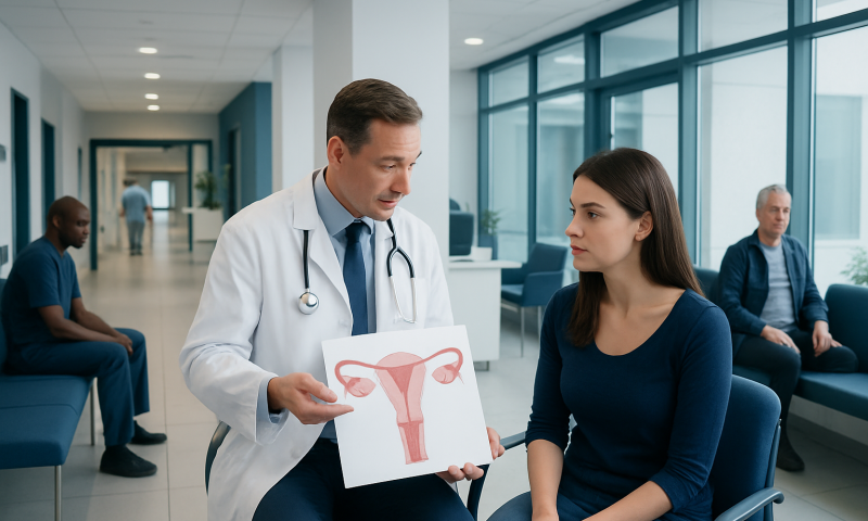 Gynecologist explaining uterine health to a patient in a hospital corridor.