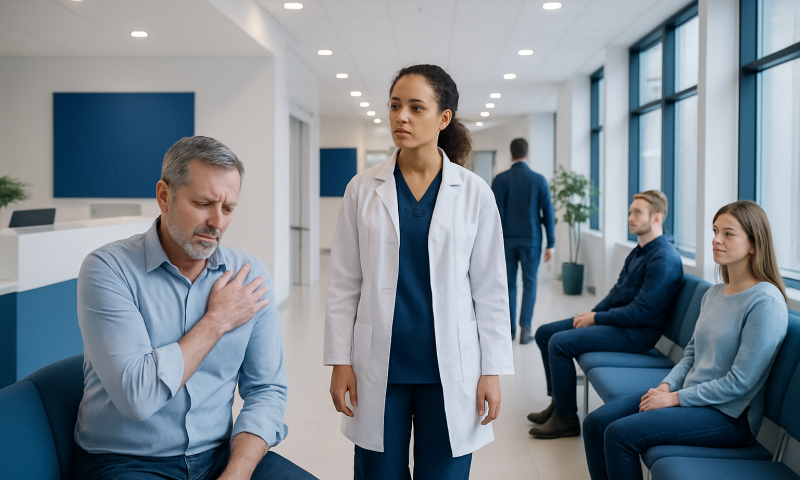 Patient experiencing shoulder pain in a hospital waiting area.