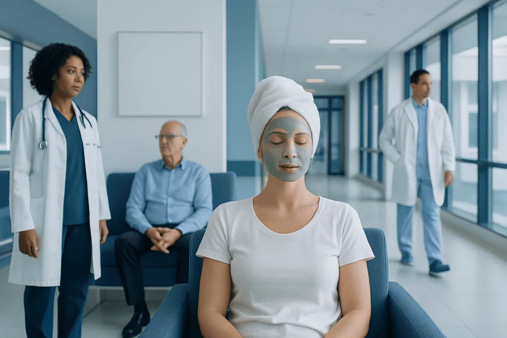 Clay Mask — Explained by Medical Evidence, Not Myths 1 Patient with facial mask in hospital waiting area with medical staff nearby.