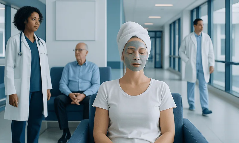 Patient with facial mask in hospital waiting area with medical staff nearby.