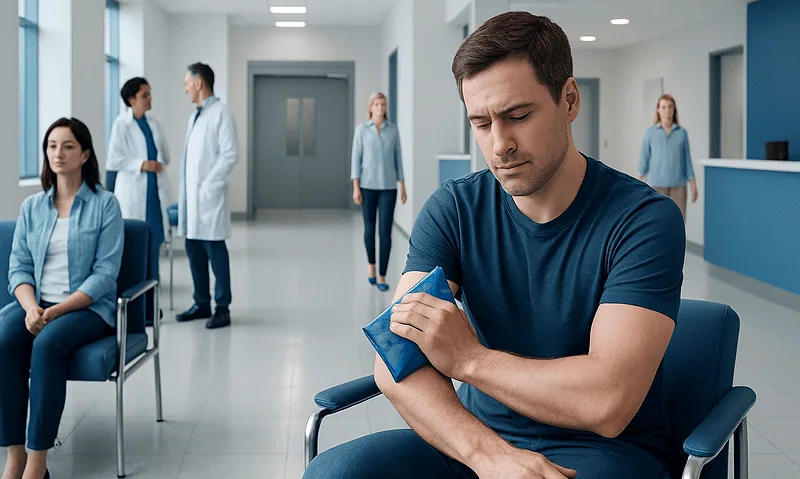 Young man applying a cold compress in a hospital waiting area.