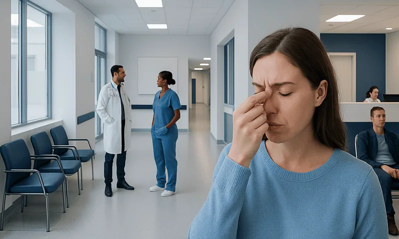 Young woman with headache in hospital corridor, healthcare professionals in background.