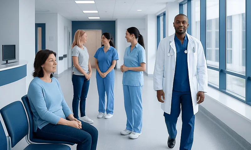 Healthcare professionals and patient in hospital corridor at Acibadem Hospitals Group.