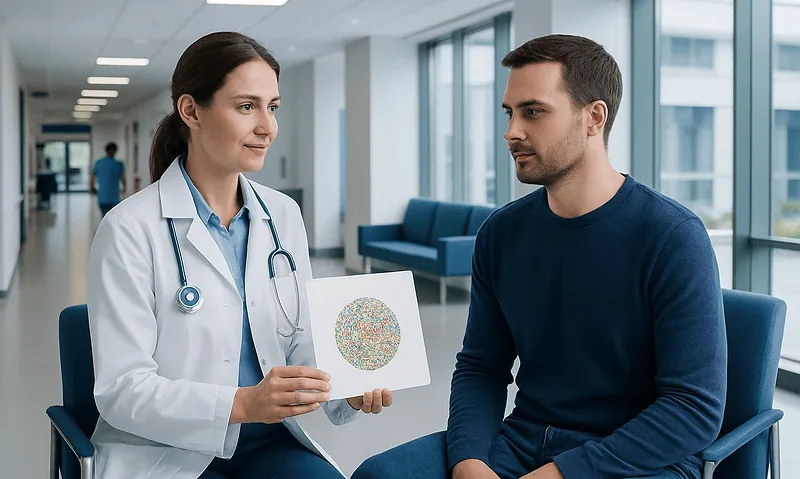 Doctor explaining color vision test to patient in a modern clinic.