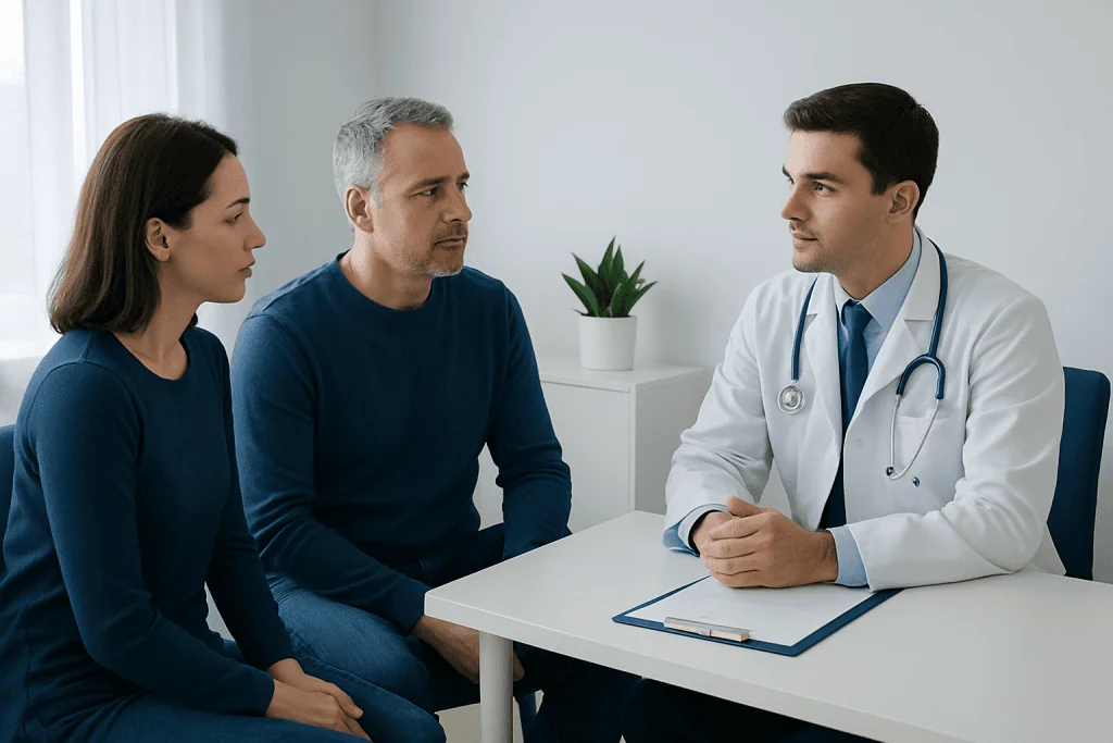 Doctor consulting with a family about treatment options in a clinic.