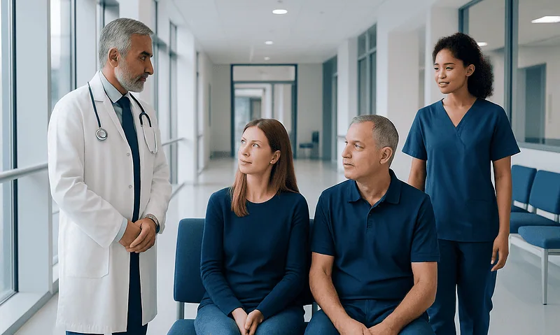 Doctor consulting with patients in hospital corridor.