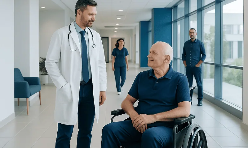 Doctor talking to elderly male patient in wheelchair at hospital.
