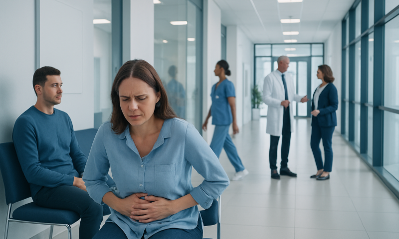 Woman experiencing stomach pain in a hospital waiting area.