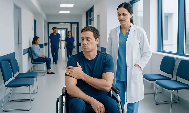 Patient in wheelchair with healthcare professional in hospital corridor.