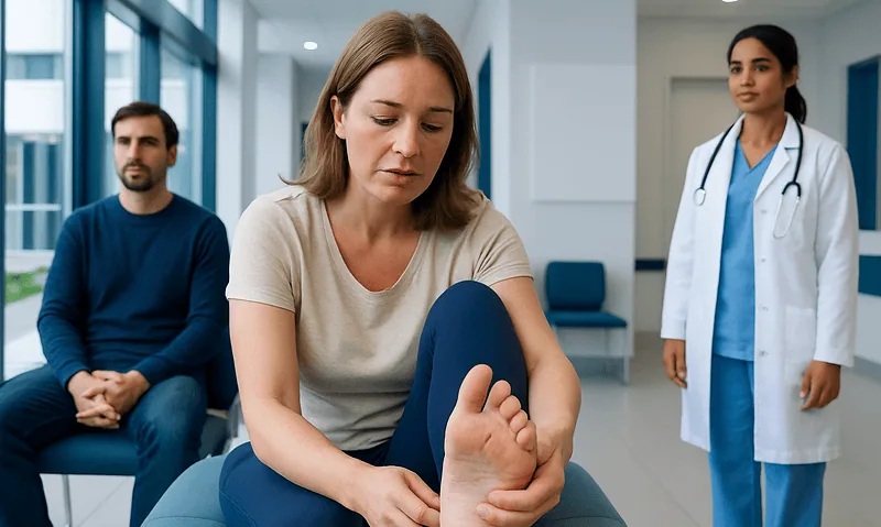 Corn on Pinky Toe — Explained by Medical Evidence, Not Myths 18 Woman with foot pain consulting a doctor in a hospital setting.