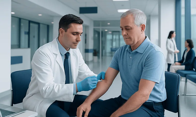 Doctor administering a cortisone shot to a patient in a modern clinic.