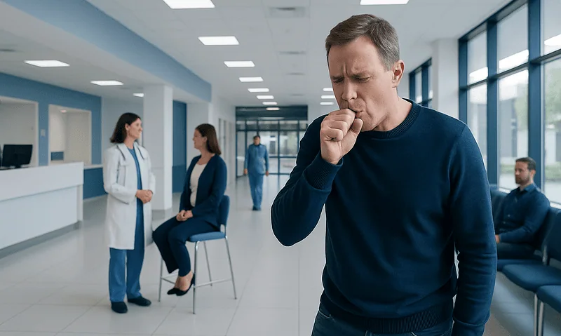 Man coughing in a hospital waiting area with medical staff nearby.