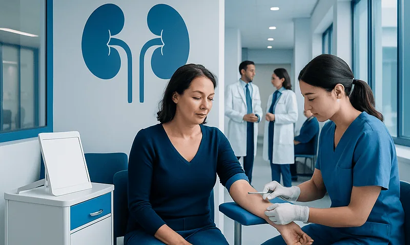 Creatinine Blood Test: Normal Ranges, High and Low Results Explained 11 Patient having blood drawn at a hospital for kidney function testing.